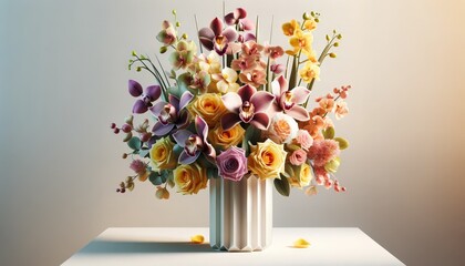 Poster - A white vase overflowing with a vibrant array of colorful flowers, creating a lively and cheerful display of natures beauty