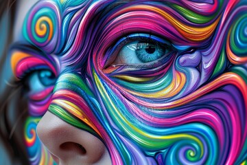 Poster - A womans face serves as a canvas for a spectrum of vibrant multicolored paints, creating a mesmerizing and surreal artistic display