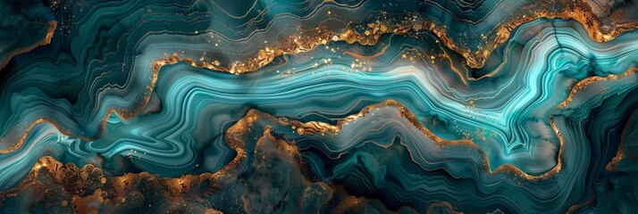 Poster - Swirling patterns of blue and gold dance across the canvas in a harmonious blend of colors, creating a sense of movement and depth