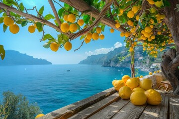 Poster - A vibrant bunch of lemons displayed on a wooden table, showcasing their bright yellow color and fresh appearance