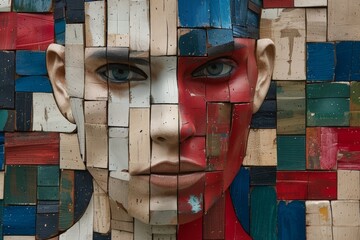 Poster - A womans face constructed entirely from wooden blocks, depicting a stunningly creative and imaginative piece of artwork