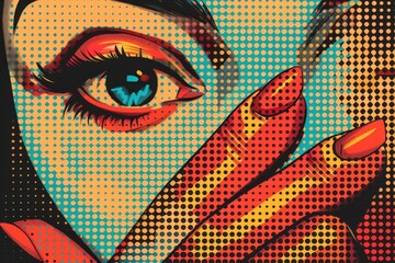 Poster - classic pop art, featuring bold lines, vibrant colors, and a graphic quality of a womans face with striking blue eyes, exuding depth and emotion