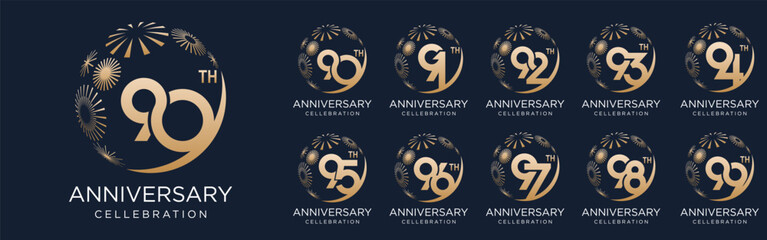 set of 90 to 99th anniversary logotype design, with golden fireworks for celebration event, wedding, and birthday, vector illustration