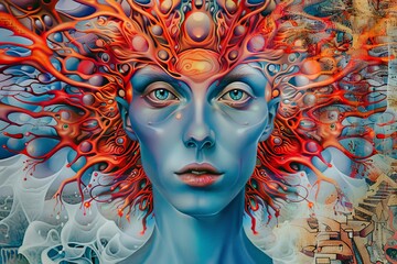Poster - A vibrant painting featuring the face of a woman with striking red and blue hair, exuding a sense of boldness and creativity
