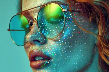Aufkleber - A stylish woman with glasses adorned in a shimmering explosion of glitter on her face