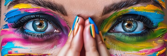 Poster - A womans face adorned with vibrant, colorful paint, creating a kaleidoscope of hues and patterns that celebrate creativity and self-expression