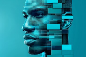 Poster - A mans face is creatively composed of intricate squares, forming a unique and artistic representation of human features