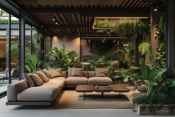 Wall Mural - modern large open living room with furniture and plants in a ceiling with wooden posts