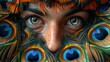   A tight shot of a woman's face adorned with peacock feathers, her eyes gazing widely open