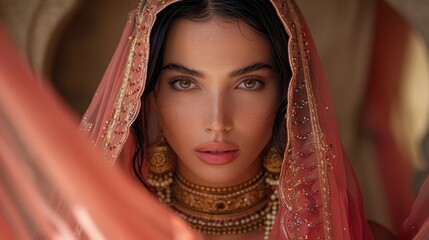   A tight shot of a woman in a red dress, donning a headpiece with a veil concealing her face entirely