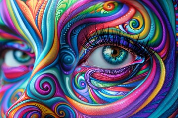 Poster - A close-up of a persons face adorned with vibrant, colorful paint, creating a mesmerizing and whimsical artistic display