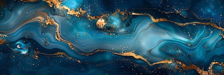 Poster - A vibrant painting featuring swirling shades of blue and shimmering gold against a deep black background, creating a sense of mystery and elegance