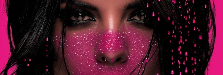 Poster - A striking close-up of a womans face, completely covered in glistening pink glitter, creating a dazzling and whimsical look