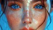   A tight shot of a woman's face with blue eyes and freckles that resemble water droplets