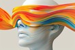 A womans head is adorned with a vibrant multicolored wig, creating a masterpiece of colors and shapes that evoke a sense of creativity and individuality