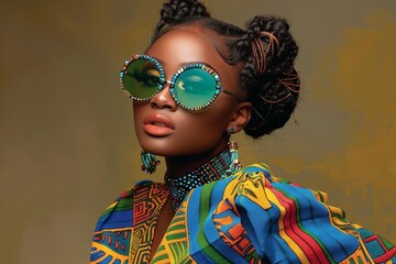 Sticker - A stylish woman wearing sunglasses and a colorful dress poses confidently under the sun, exuding a sense of fun and fashion