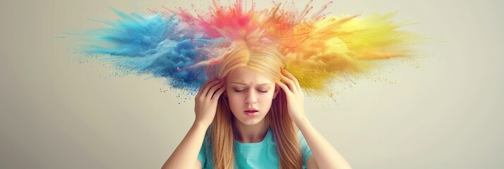 Poster - A woman with a vibrant, multicolored hair covering her head, showcasing a unique and artistic expression of individuality and creativity