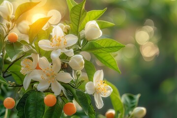 Poster - A vibrant collection of flowers adorns the branches of a tree, their colors painting a beautiful contrast against the green leaves