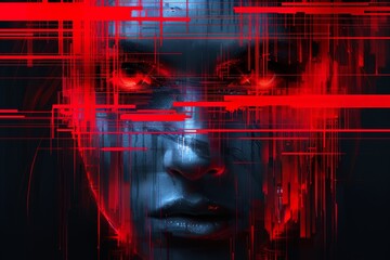 Poster - A womans face is framed by intricate red and black lines in the background, creating a striking contrast and sense of mystery