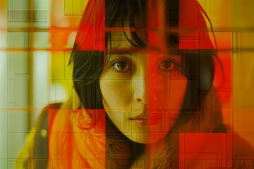 Poster - A womans face is visible through a geometric grid, creating an intricate and captivating visual effect