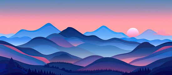 Wall Mural - A stunning natural landscape painting depicting a sunset over azure mountains, with the sky filled with colorful clouds and the horizon fading into dusk