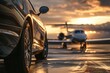 A sleek car parked on a vibrant runway next to an imposing airplane, creating an intriguing juxtaposition between road and sky