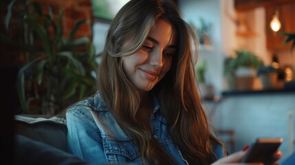 Poster - Woman Smiling at Smartphone