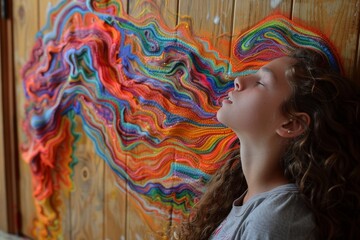 Poster - A young girl gazes in wonder at a vibrant, colorful piece of art hanging above her head