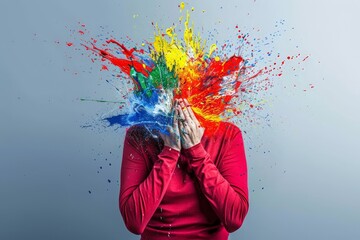 Poster - A woman covers her face with vibrant, multicolored paint, expressing a range of emotions through the different hues and patterns