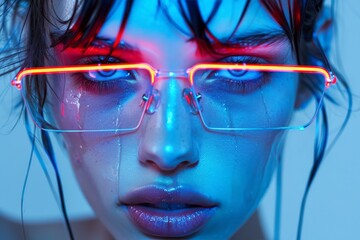 Sticker - A woman wearing glasses with neon lights on her face, staring contemplatively into the distance, with a vibrant and futuristic aesthetic