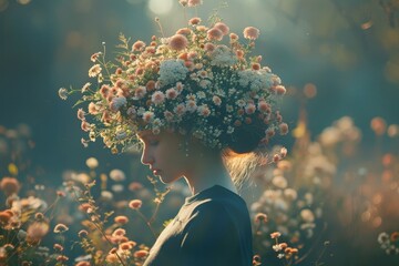 Canvas Print - A striking woman stands gracefully in a lush field, adorned with colorful flowers in her hair, embodying natures beauty and serenity