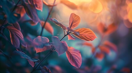 Canvas Print - a branch with leaves in the foreground and a blurry background