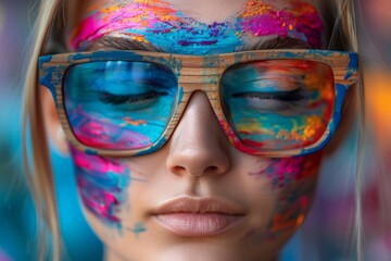 Poster - A woman with vibrant, colorful paint adorning her face, creating a striking and artistic appearance that captivates the viewers attention