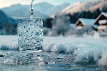 Poster - A glass of water placed atop snow, reflecting the serene winter landscape