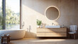Interior of modern bathroom with beige walls, wooden floor, comfortable white bathtub and round mirror. 3d rendering