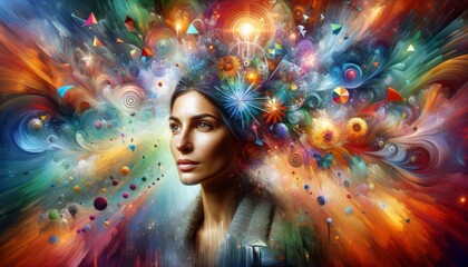 Poster - A mesmerizing painting featuring a striking womans face set against a vibrant, colorful background, exuding a sense of otherworldly beauty and enchantment