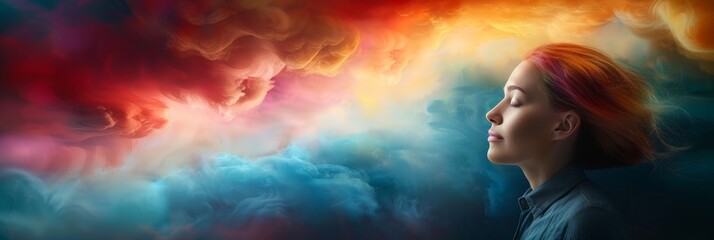 Poster - A woman stands gracefully in front of a vibrant cloud of swirling, colorful smoke, creating a mesmerizing and mystical scene