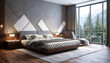 Interior of modern bedroom with gray walls, wooden floor, comfortable king size bed and window with blurry mountain view. 3d rendering