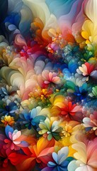 Sticker - A vivid abstract painting featuring a variety of colorful flowers, set against a pristine white background