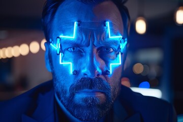 Canvas Print - A man with glowing blue crosses on his face in a surreal and captivating display of otherworldly beauty