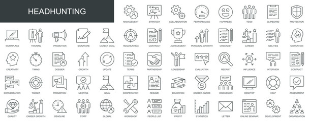 Fototapete - Head hunting web icons set in thin line design. Pack of recruitment, business strategy, management, team training, workplace, interview, deadline, other outline stroke pictograms. Vector illustration.