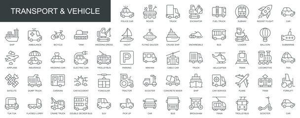 Poster - Transport and vehicle web icons set in thin line design. Pack of car, rover, truck, excavator, subway, rocket, taxi, ship, bicycle, tank, yacht, other outline stroke pictograms. Vector illustration.