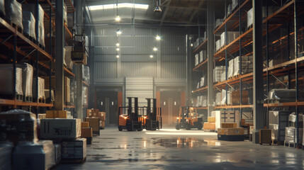 A bustling logistics warehouse with shelves, forklifts, and inventory management systems, currently idle but prepared for efficient storage and distribution