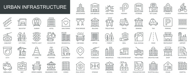 Poster - Urban infrastructure web icons set in thin line design. Pack of skyscraper, car service, highway, clinic, ladder, hotel, subway, shelter, park, other outline stroke pictograms. Vector illustration.