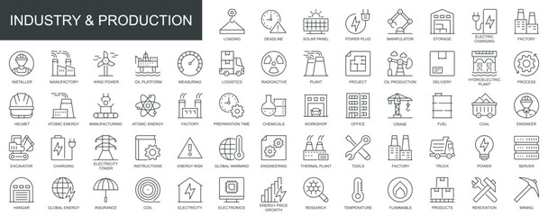 Poster - Industry and production web icons set in thin line design. Pack of renovation, power, storage, logistics, factory, manufacture, engineer, plant, other outline stroke pictograms. Vector illustration.