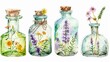 Glass bottles with natural ingredients and medicinal herbs. Concept of organic apothecary, herbal extract, tincture, natural medicine, homeopathy, remedies Watercolor illustration. White background