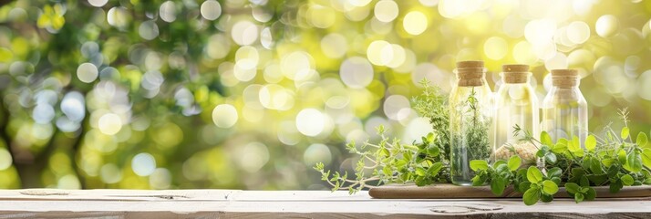 Glass jars with natural ingredients on wooden table in lush greenery with sunlight. Concept of organic apothecary, herbal extracts, natural medicine, homeopathy, naturopathy. Banner. Copy space