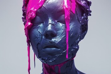 Poster - A womans face is completely covered in vibrant purple paint, creating a surreal and captivating visual experience
