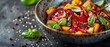 Vibrant Stir-fried Veggies in a Wok with Fresh Herbs. Concept Vegetarian Cuisine, Stir-fry Recipes, Colorful Vegetables, Healthy Cooking, Fresh Herb Garnish