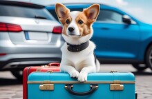 Cute Dog Goes On A Car Trip With Suitcases. The Concept Of Traveling With Pets 